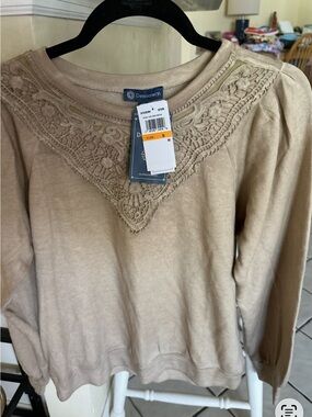 Democracy Tan Crochet Yoke Pullover